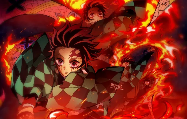 Огонь, кровь, аниме, арт, парень, Клинок Рассекающий Демонов, Tanjirou Kamado, Demon Slayer: Kimetsu No Yaiba