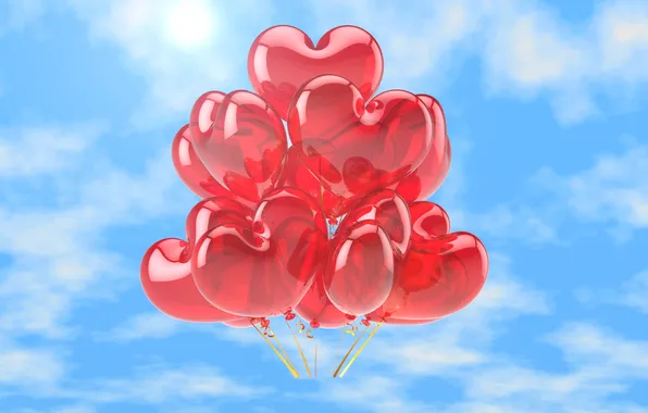 Любовь, воздушные шары, сердечки, love, happy, sky, heart, romance