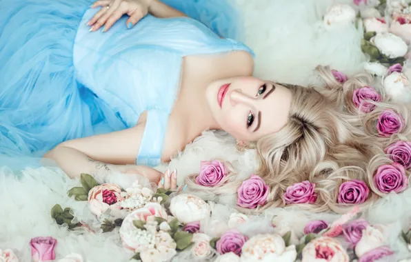 Взгляд, девушка, цветы, лицо, поза, улыбка, женщина, портрет