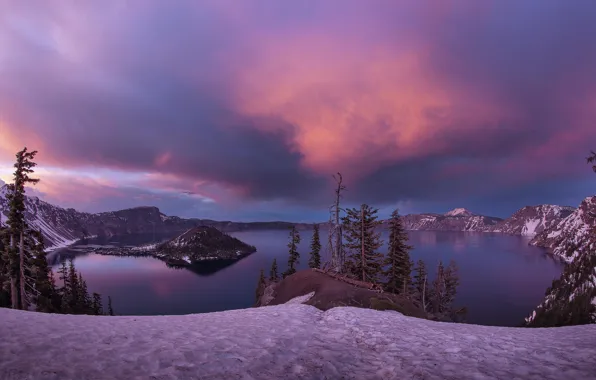 Картинка зима, снег, закат, остров, Озеро, USA, кратер, Oregon