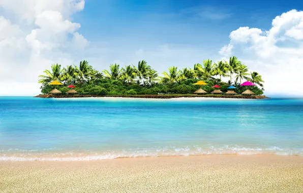 Картинка море, пляж, природа, тропики, пальмы, остров, зонтики