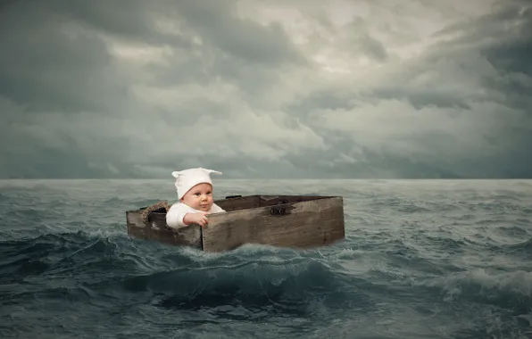 Море, волны, небо, тучи, рендеринг, ребенок, мальчик, малыш