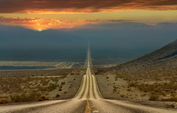 Дорога, небо, пустыня, вечер, Калифорния, США, штат, Долина Смерти
