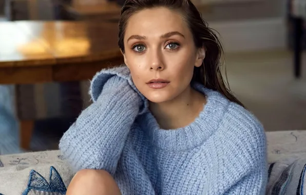 Взгляд, поза, макияж, hair, Elizabeth Olsen, Элизабет Олсен