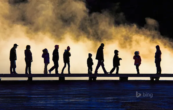 Люди, силуэт, Вайоминг, США, мостик, Yellowstone National Park
