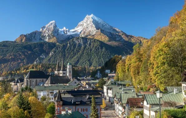 Картинка осень, пейзаж, горы, улица, дома, Германия, Бавария, церковь