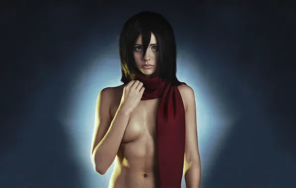 Грудь, взгляд, фон, Девушка, шарф, косплей, shingeki no kyojin, Mikasa Ackerman
