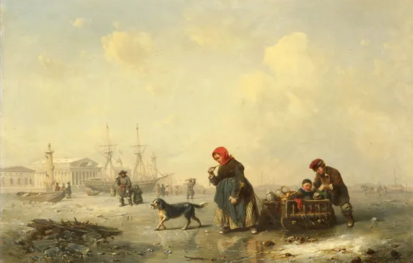 Картинка пейзаж, город, картина, Нева в Санкт-Петербурге Зимой, Фердинанд Теодор Хильдебрандт
