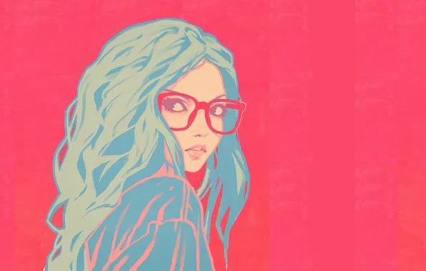 Картинка лицо, очки, розовый фон, плечо, голубые волосы, портрет девушки, вьющиеся волосы, Илья Кувшинов