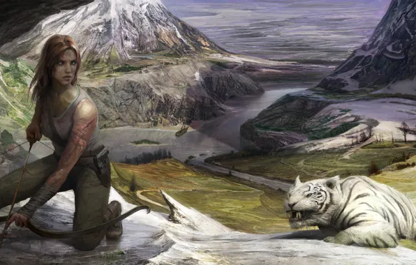 Картинка горы, тигр, арт, Tomb Raider, Лара Крофт, Lara Croft