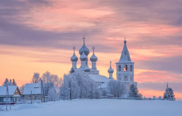 Картинка зима, снег, пейзаж, закат, природа, дома, деревня, церковь