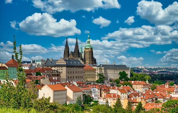 Картинка небо, облака, здания, дома, Прага, Чехия, Prague, Czech Republic