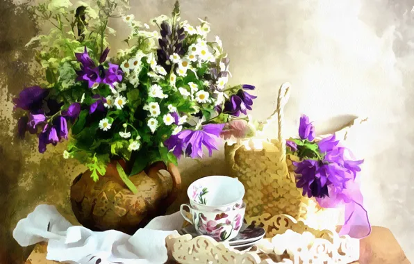 Ромашки, колокольчики, на столе, цветы в вазе, чашки для чая