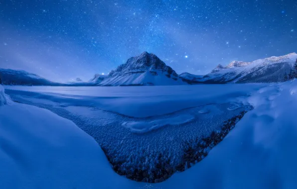 Картинка зима, звезды, снег, горы, ночь, лёд, рзеро