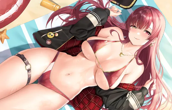 Girl, sexy, wet, cleavage, red hair, long hair, legs, boobs