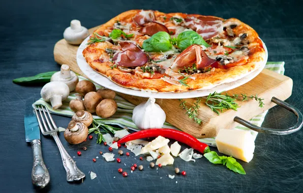 Картинка грибы, сыр, перец, вилка, пицца, pizza, специи, mushrooms