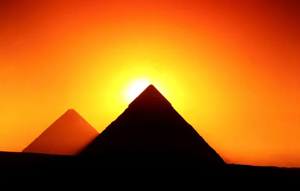 Картинка солнце, закат, силуэт, Гиза, зарево, Египет, пирамиды