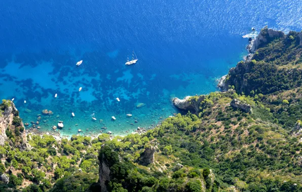 Картинка море, горы, берег, высота, яхта