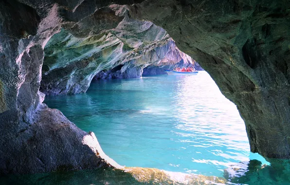 Sea, nature, water, rocks, boat, Chile, cave, Patagonia
