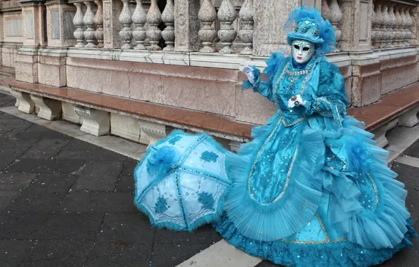 Картинка голубой, зонт, маска, костюм, Венеция, карнавал