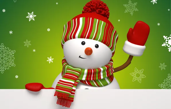 Картинка зима, снежинки, праздник, графика, новый год, рождество, зелёный, снеговик