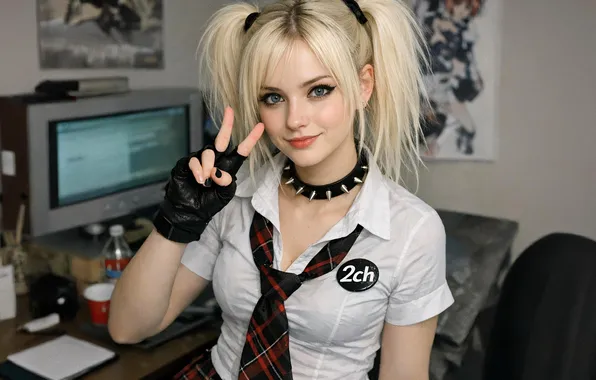 Картинка girl, blonde, shirt, tie, long-haired, ponytails, ai art