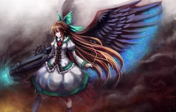 Картинка девушка, оружие, магия, крылья, аниме, арт, бант, reiuji utsuho