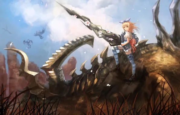 Картинка небо, девушка, облака, цветы, оружие, драконы, меч, аниме