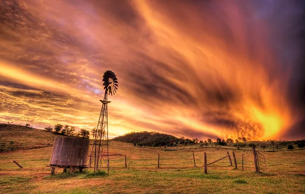 Картинка небо, облака, огонь, пламя, австралия, ферма