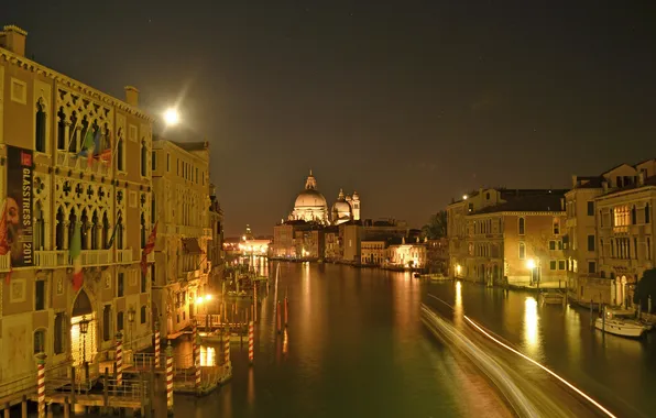 Картинка небо, ночь, огни, дома, Италия, Венеция, собор, канал