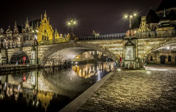 Картинка ночь, мост, огни, река, дома, фонари, канал, Бельгия