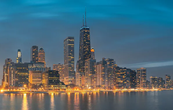 Озеро, здания, дома, Чикаго, панорама, Иллинойс, ночной город, Chicago