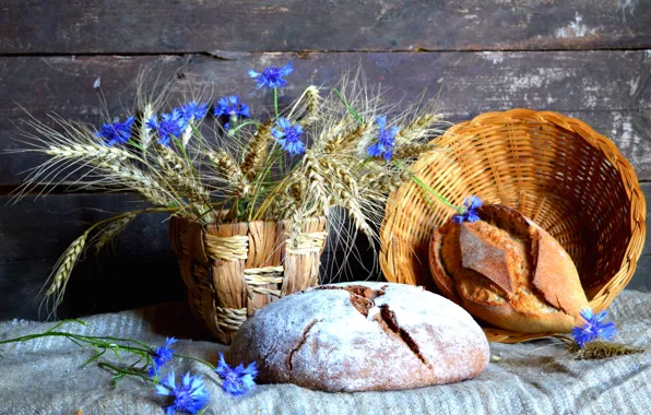 Картинка пшеница, колоски, хлеб, натюрморт, васильки