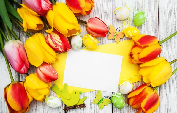 Картинка цветы, яйца, colorful, Пасха, тюльпаны, happy, yellow, wood