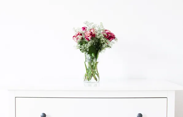 Стол, розы, букет, ваза