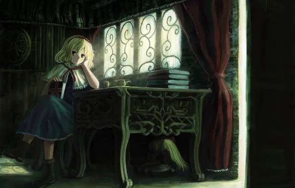 Картинка девушка, стол, комната, книги, куклы, дверь, арт, чашки