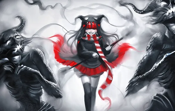 Картинка красное, арт, монстры, девочка, сердечки, рога, черно-белое, нежить
