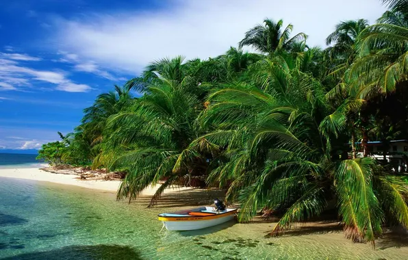 Картинка песок, море, пляж, небо, облака, пальмы, лодка, остров