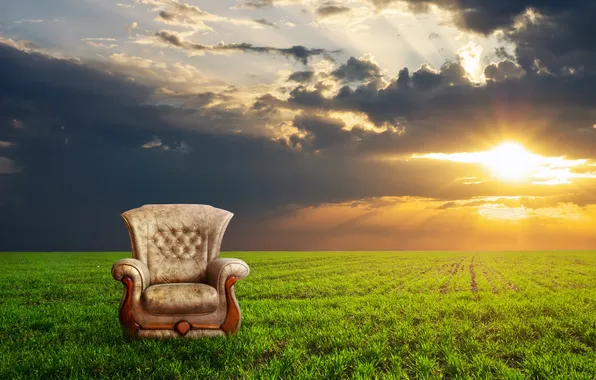 Картинка поле, трава, рассвет, кресло