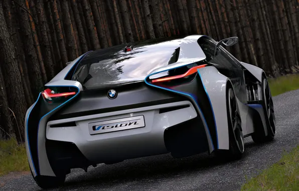 Машина, Concept, деревья, BMW, концепт, Vision, вид сзади, EfficientDynamics