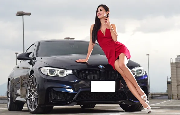 Картинка авто, взгляд, улыбка, Девушки, BMW, красивая девушка, Stella, красивое платье