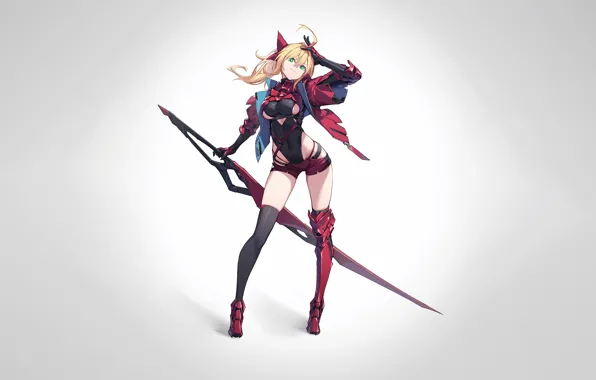 Girl, sword, sexy, cleavage, shorts, thighhighs, bodysuit, green eyes