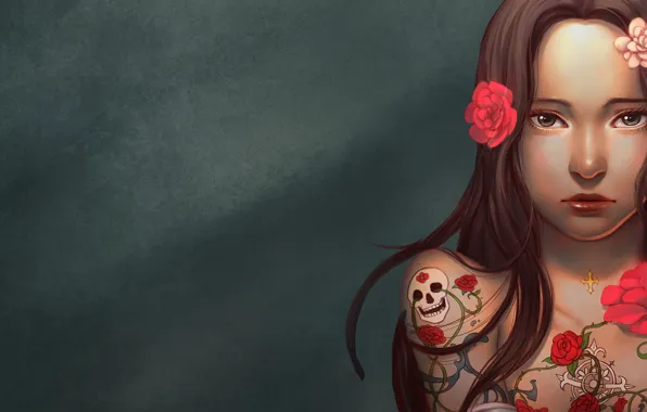 Girl, skull, rose, long hair, minimalism, brown eyes, flowers, tattoo