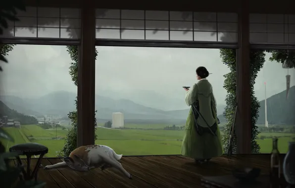 Девушка, Япония, Дом, Дождь, Girl, House, Japan, Landscape