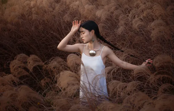 Девушка, природа, поза, руки, брюнетка, колоски, коса, украшение