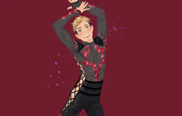 Парень, красный фон, фигурист, Юрий на льду, Yuri On Ice