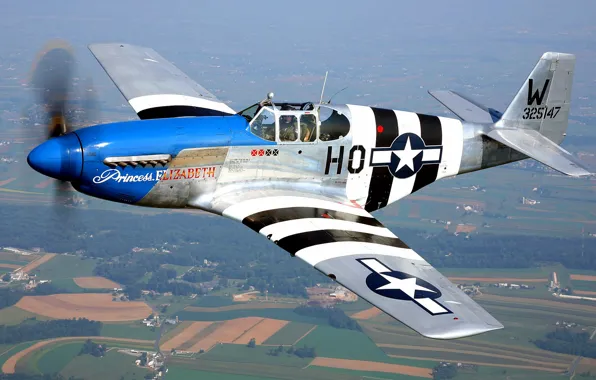 Картинка полет, ретро, самолет, ландшафт, истребитель, пилот, P-51 Mustang