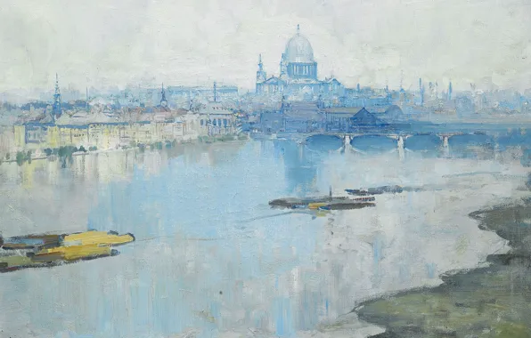 Мост, лондон, картина, темза, городской пейзаж, Arthur Streeton, Артур Стритон, Собор Святого Павла и Река