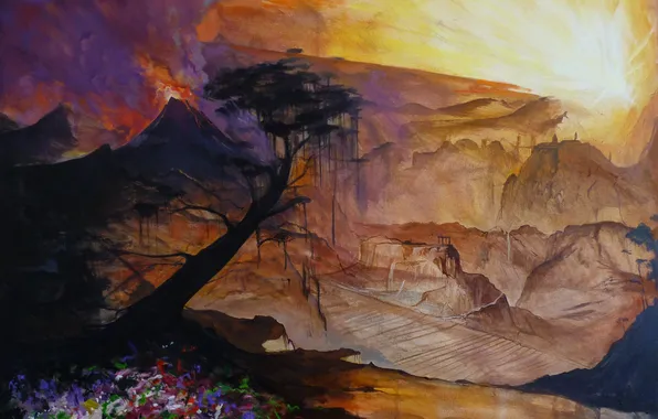 Картинка солнце, цветы, горы, дерево, нарисованный пейзаж