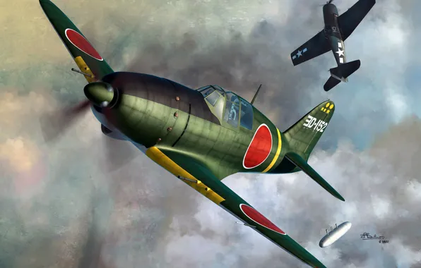 Истребитель-перехватчик, Hellcat, Raiden, палубный истребитель, F6F-5, подвесной топливный бак, J2M3